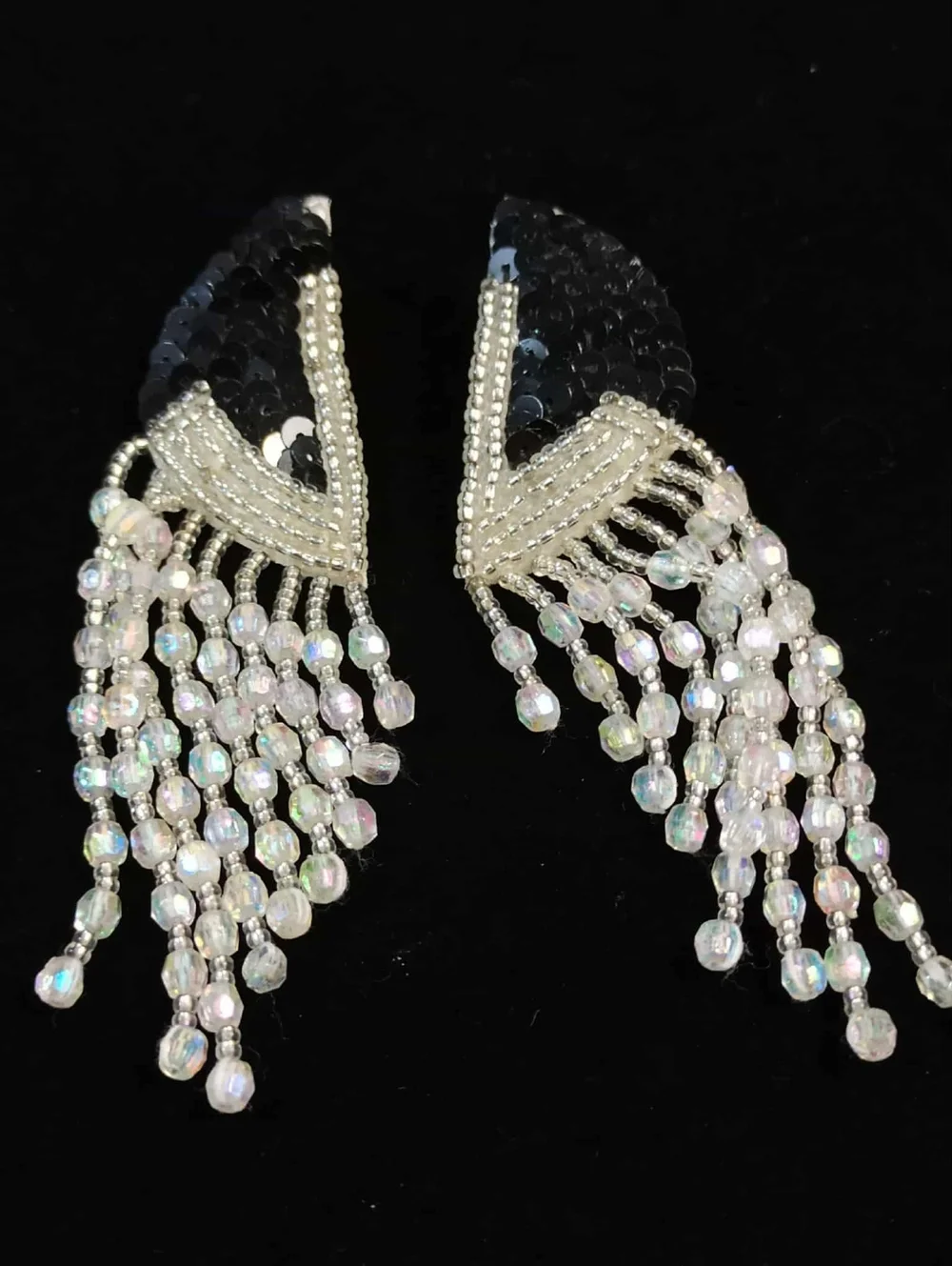 80's Black Sequin Beaded Fringe Earrings Dramatic Dangle Pierced